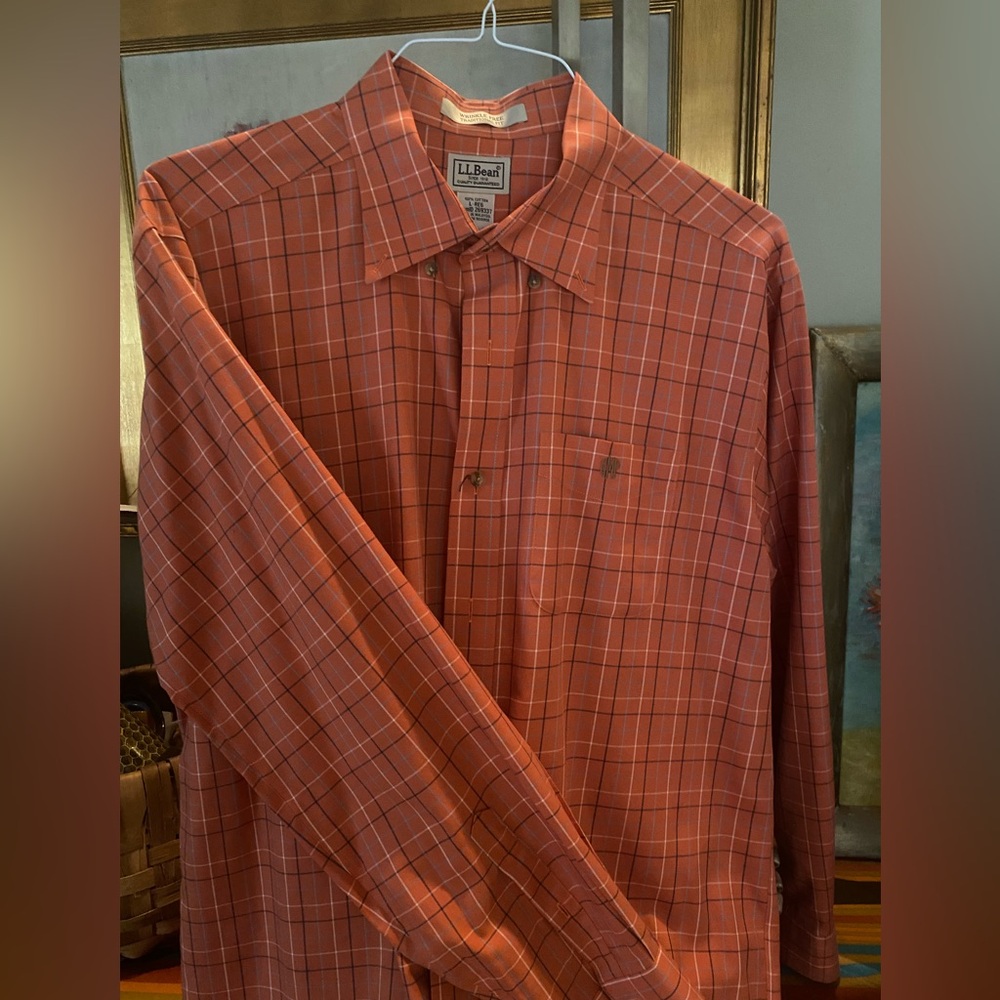 L.L. Bean wrinkle resistant traditional fit orange plaid casual men's Large